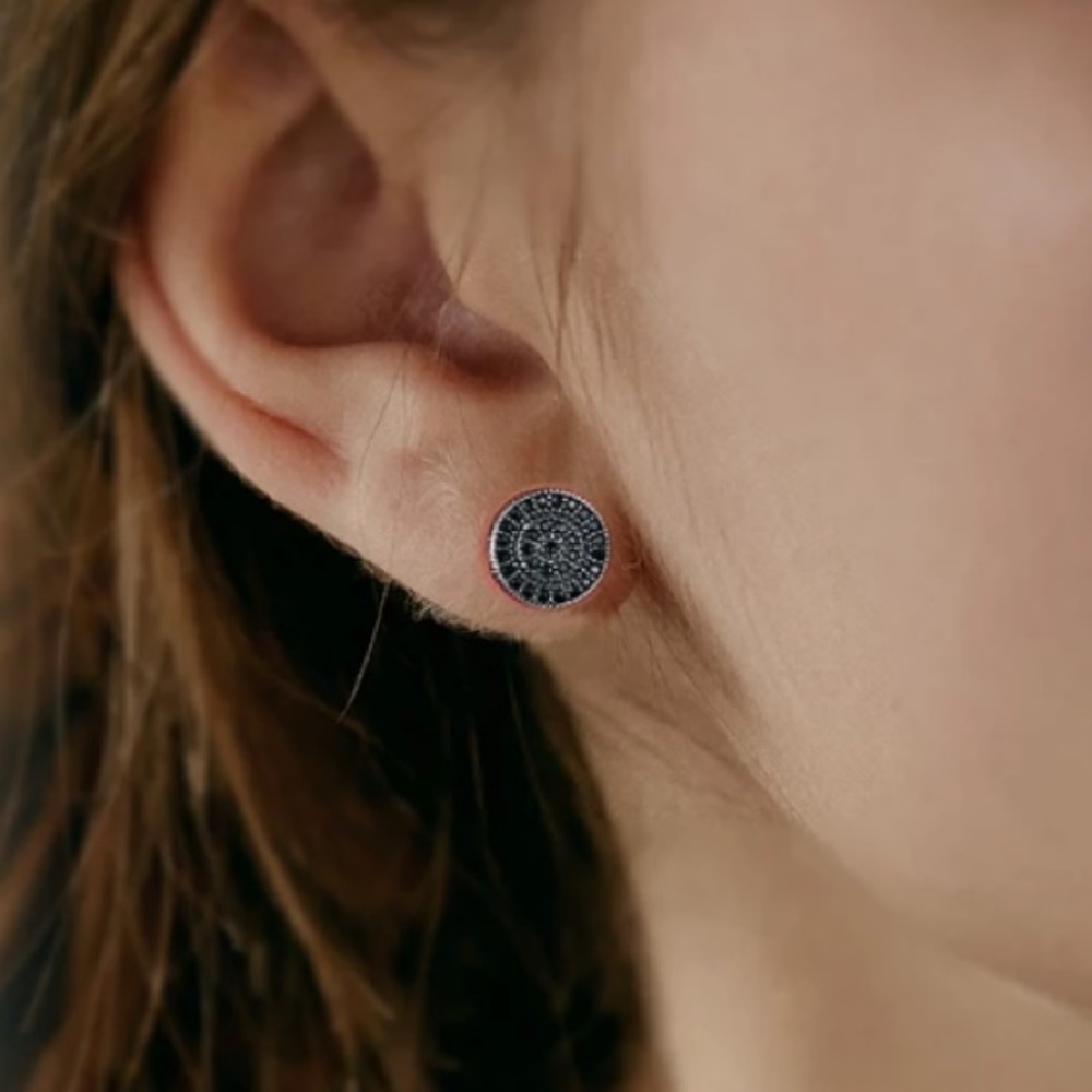 🌑 18K rose gold black round pave stud earrings - Picture 6 of 6